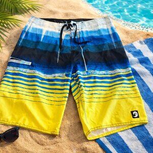 Men’s Board Shorts Swim Trunks Yellow Blue Striped Size Large